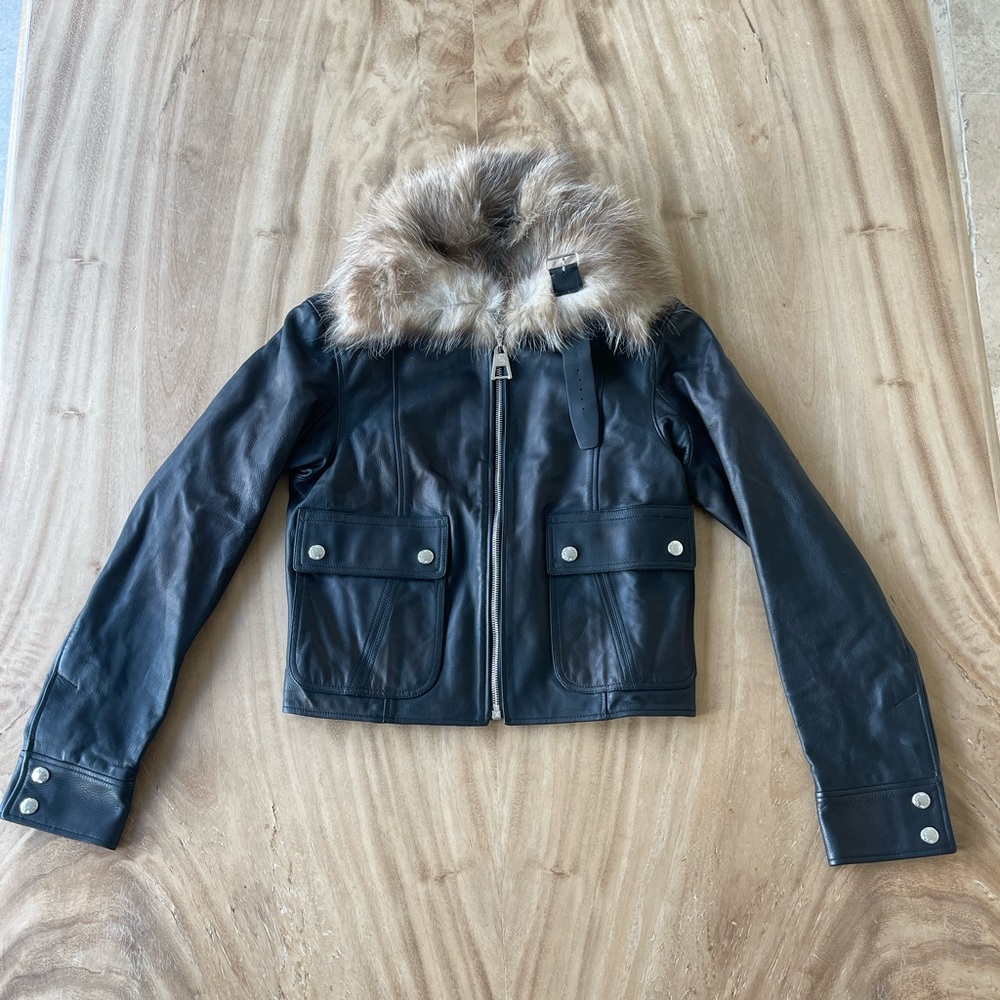 LOUIS VUITTON LEATHER MOTO JACKET W FUR TRIM